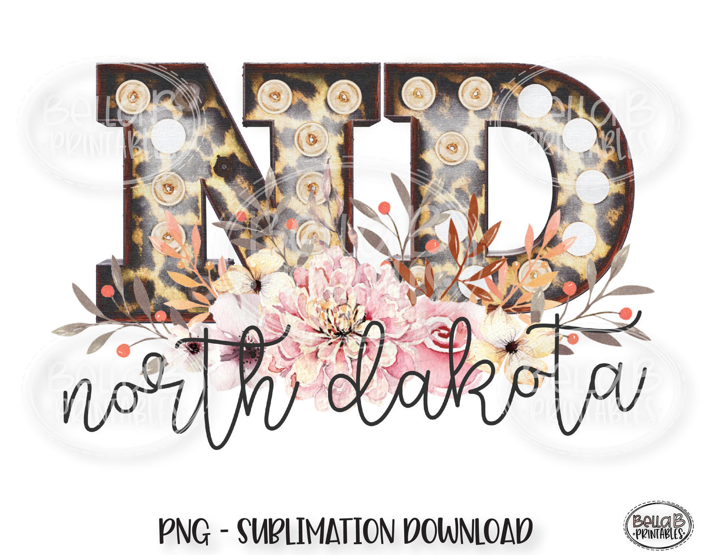 North Dakota State Sublimation Design, Leopard Print Marquee