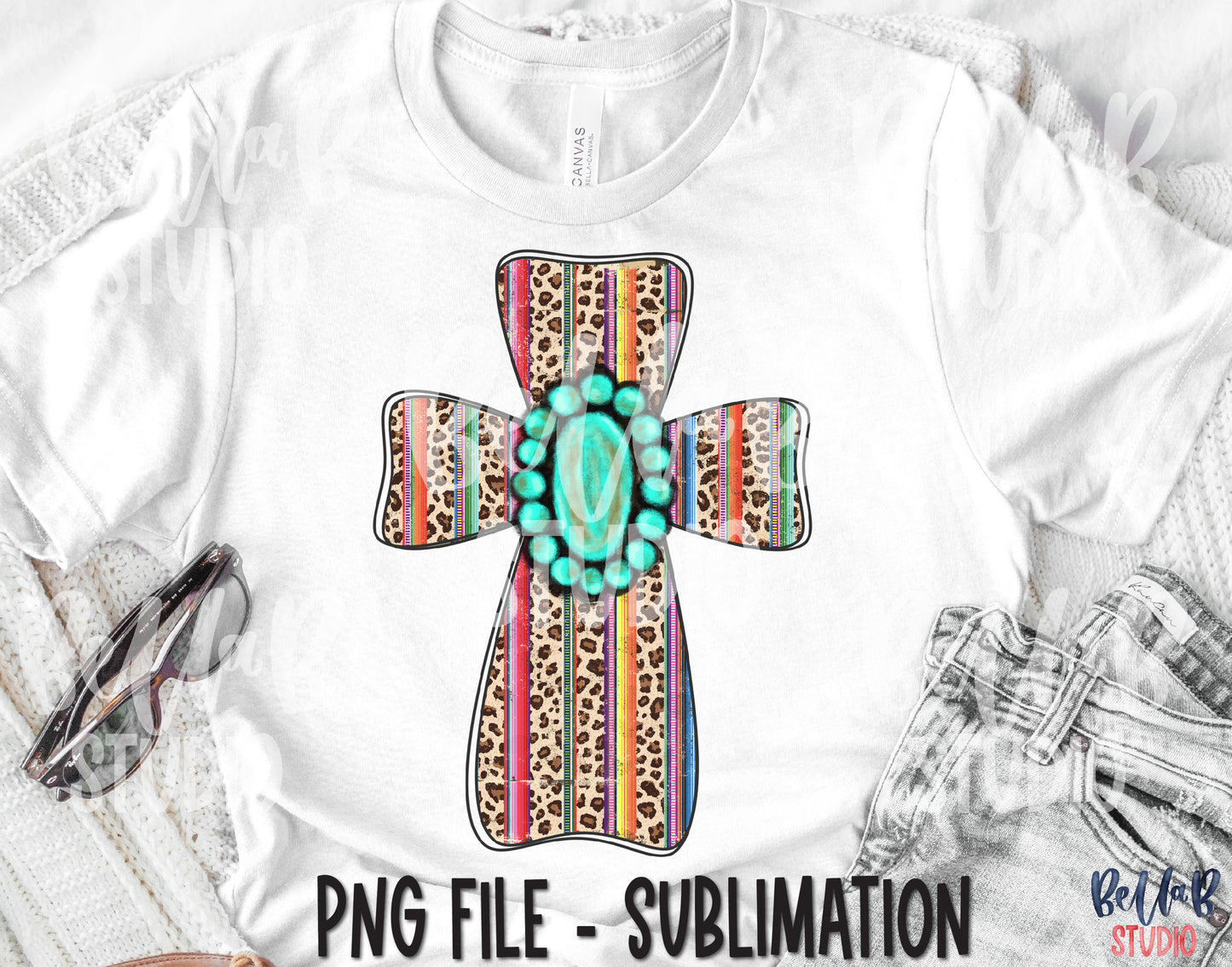 Leopard Serape Cross With Turquoise Gem Sublimation Design