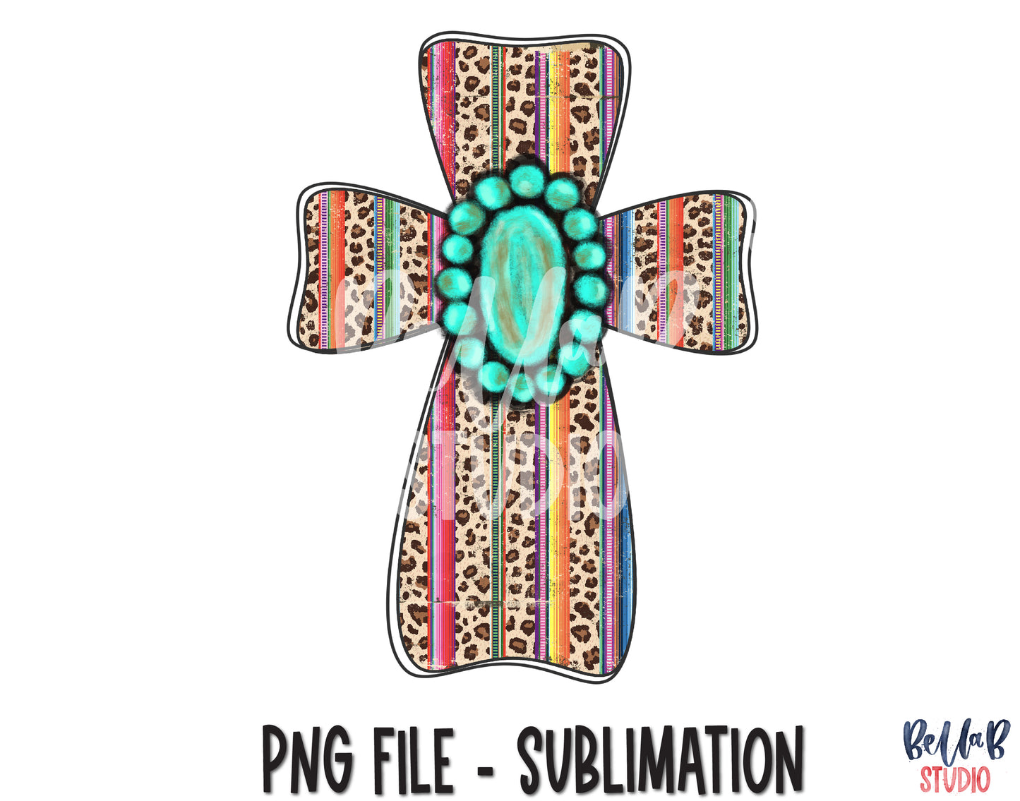 Leopard Serape Cross With Turquoise Gem Sublimation Design