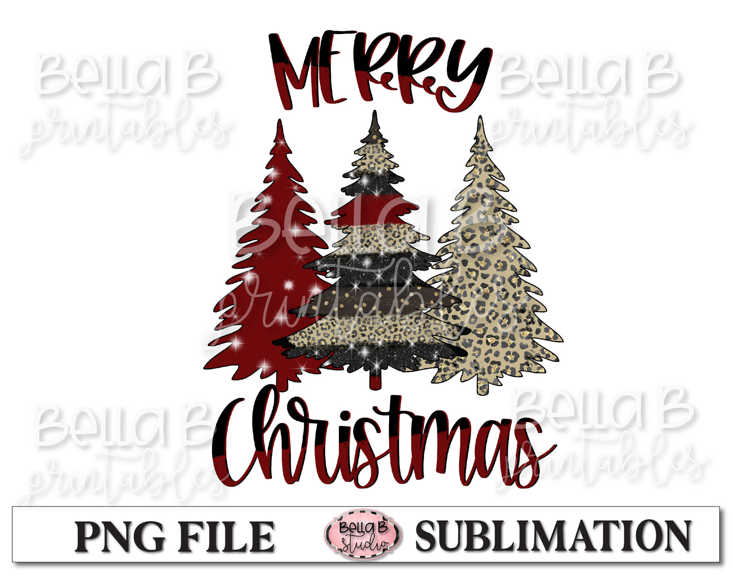 Red - Merry Christmas Trees Sublimation Design
