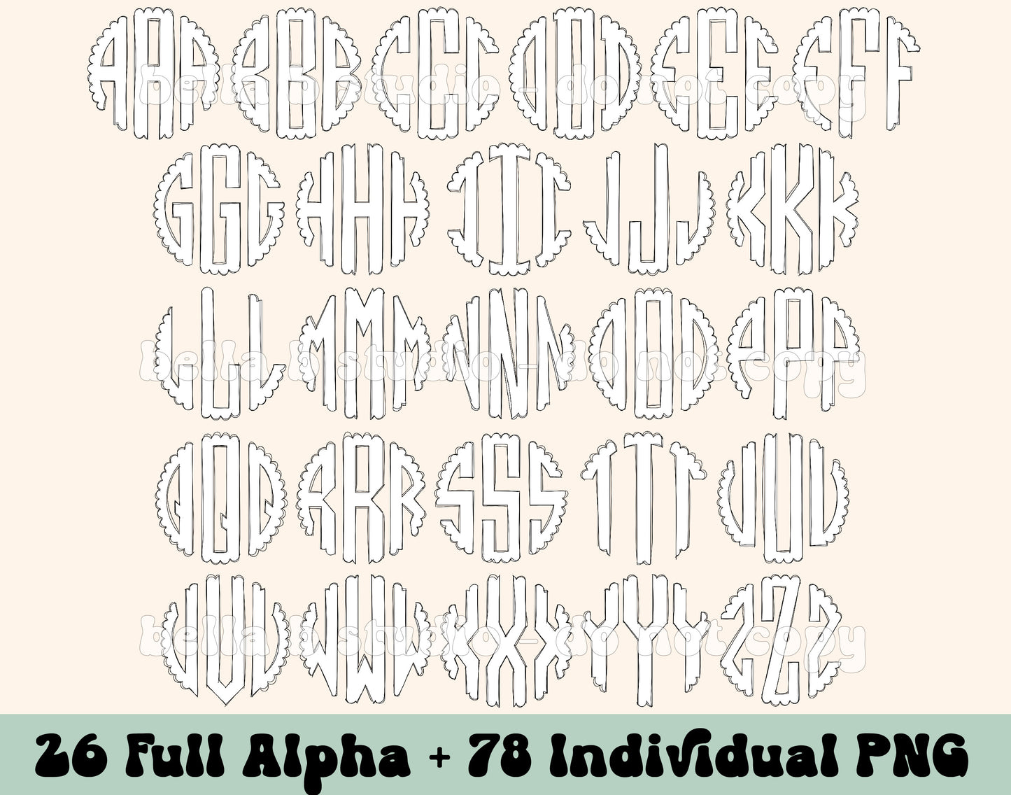 Fillable Blank Scalloped Monogram Alpha Set - Make Your Own Alpha Set