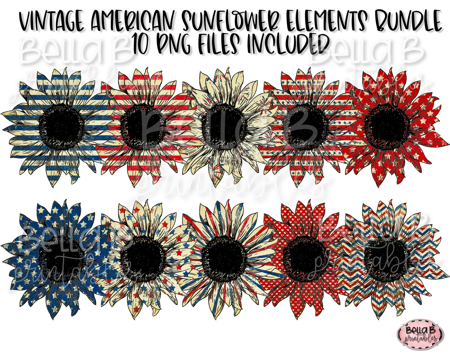 Patriotic, American Sunflower Sublimation Elements Bundle