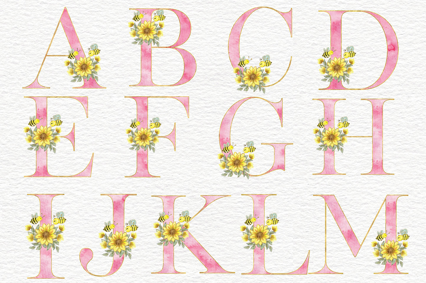 Pink Watercolor Sunflower Alphabet Set, Sublimation Alphabet