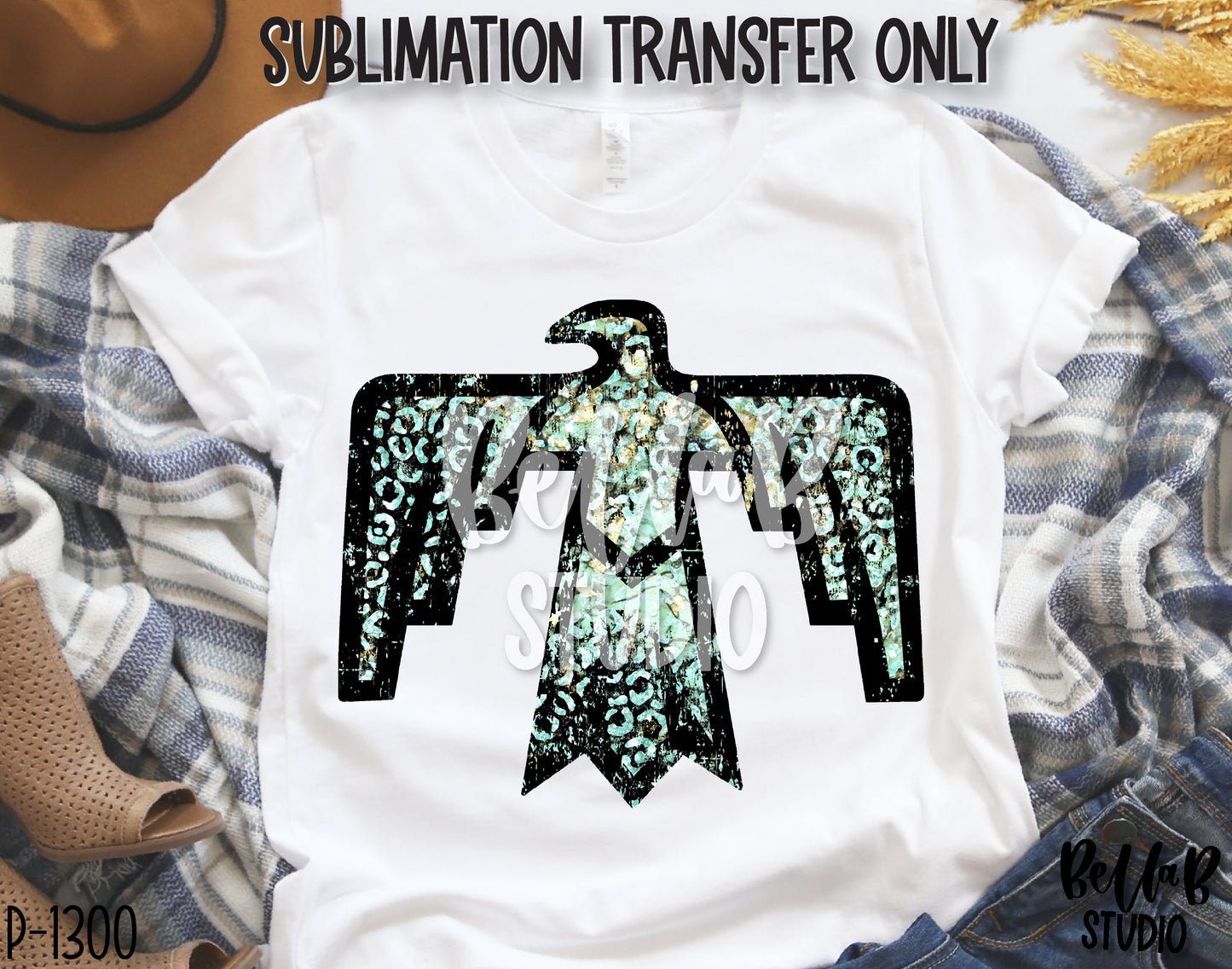 Turquoise Leopard Thunderbird Sublimation Transfer, Ready To Press