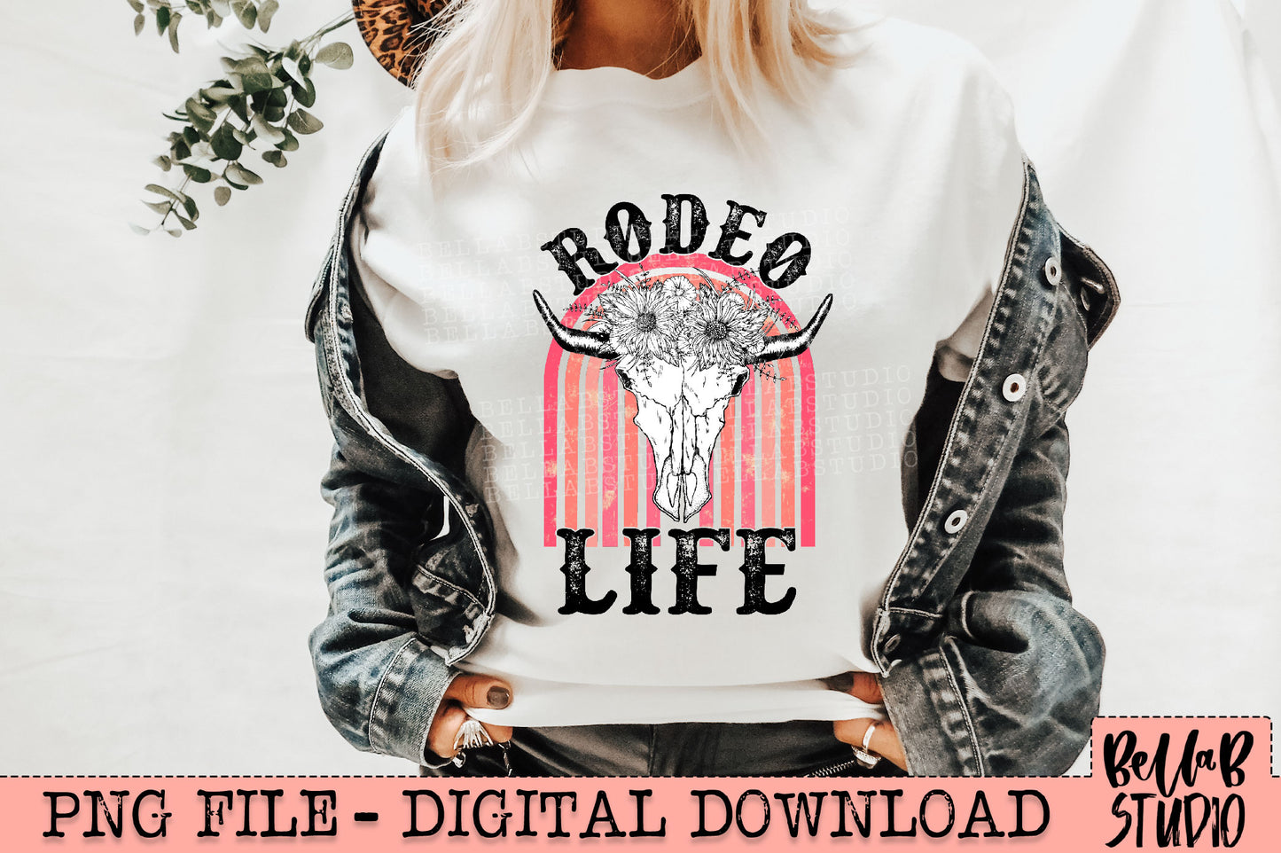 Rodeo Life Pink Rainbow Floral Longhorn Skull Sublimation Design
