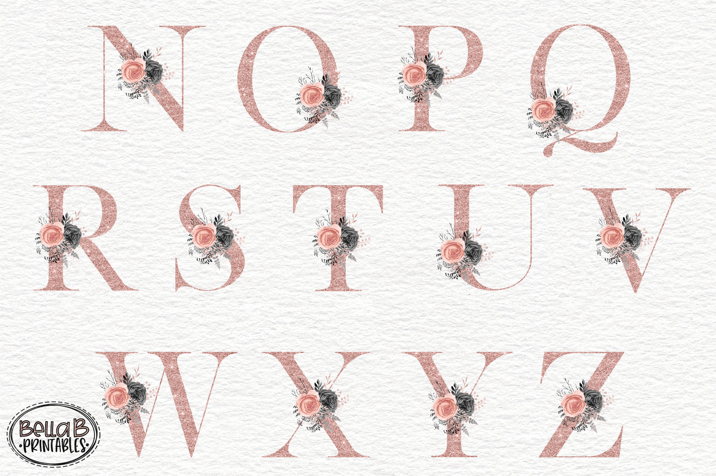 Rose Gold Glitter Floral Alphabet Set, Alphabet Clipart