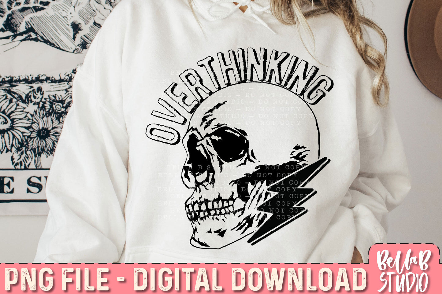 Overthinking Skull and Bolt PNG Sublimation Design