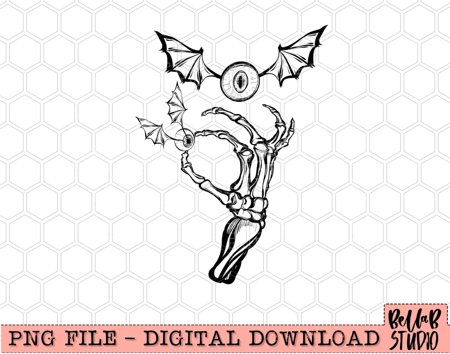 Skull Hand Holding Winged Eyes PNG Design