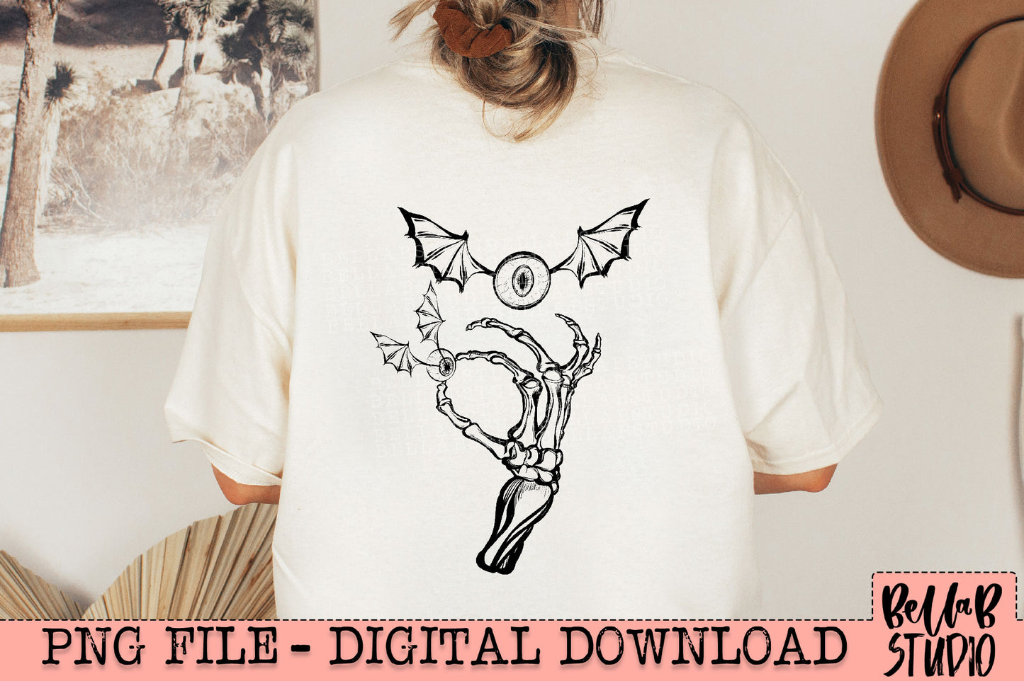 Skull Hand Holding Winged Eyes PNG Design