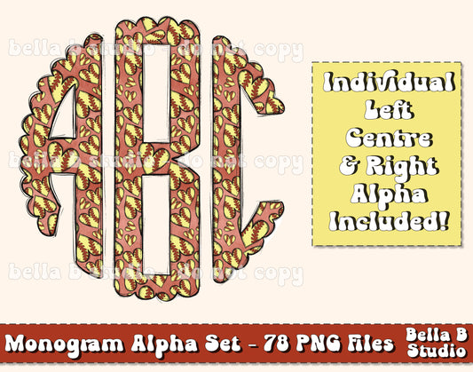 Softball Hearts Scalloped Monogram Alpha Set