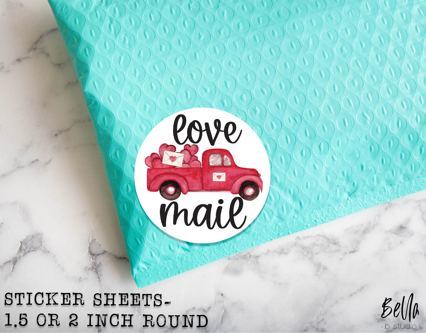 Valentine Love Mail Truck Sticker Sheet - Small Business Packaging Stickers