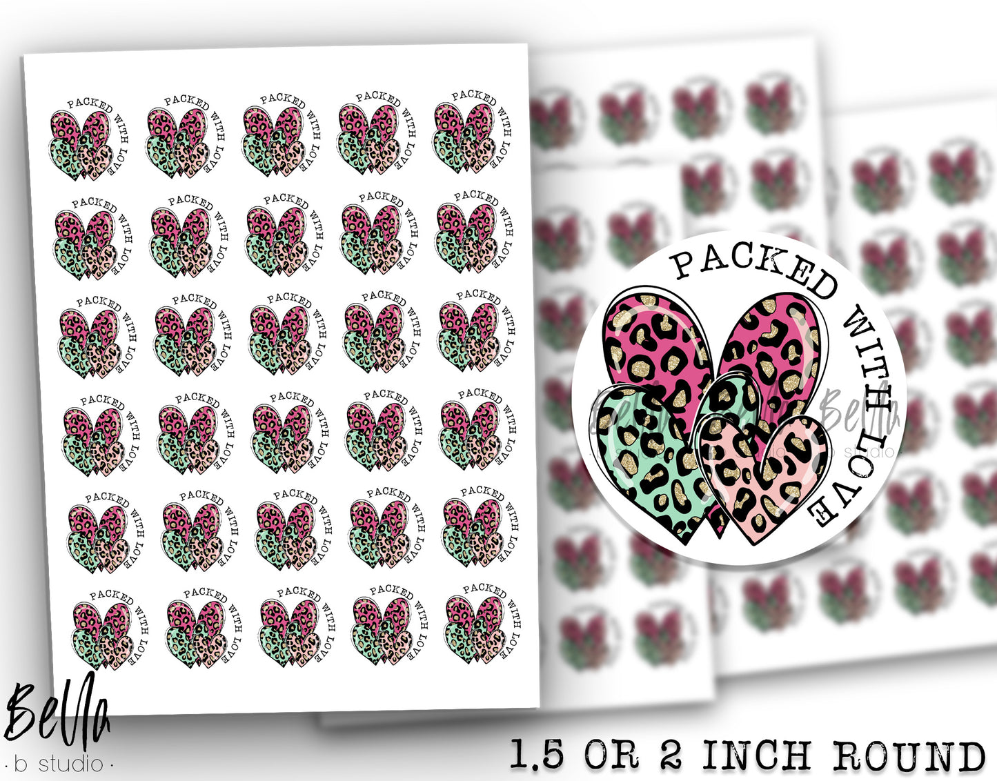 Bright Leopard Hearts -"Packed With Love" Sticker Sheet - Small Business Packaging Stickers