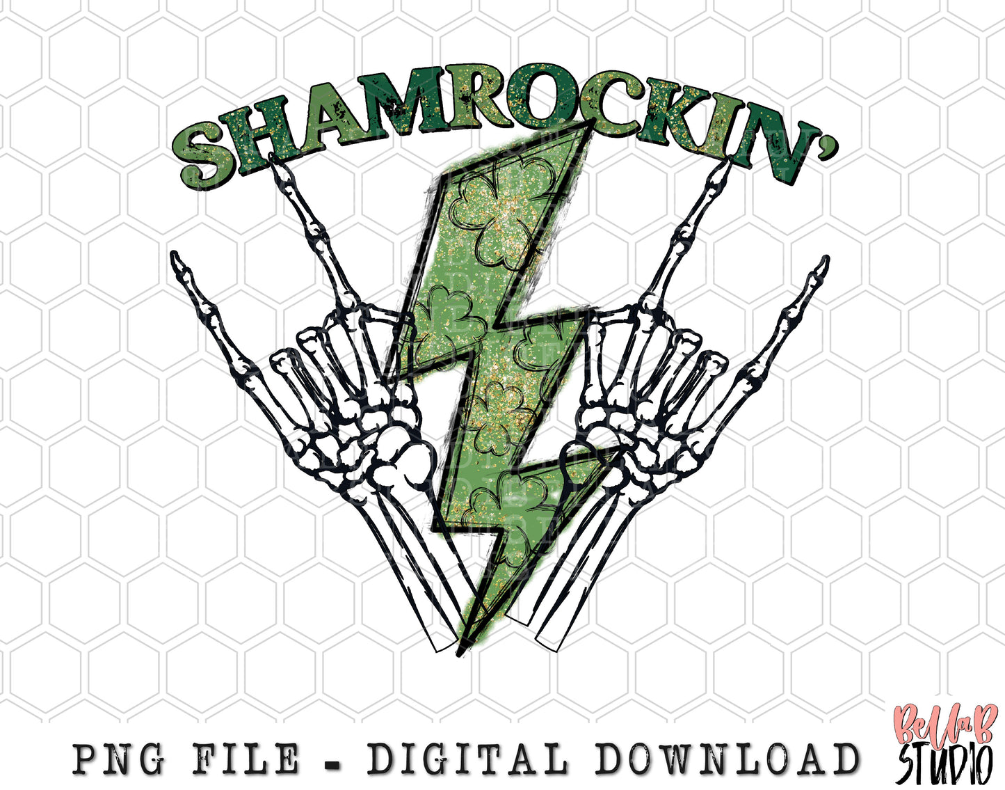 Shamrockin Bolt and Skeleton Rock Hands PNG Sublimation Design