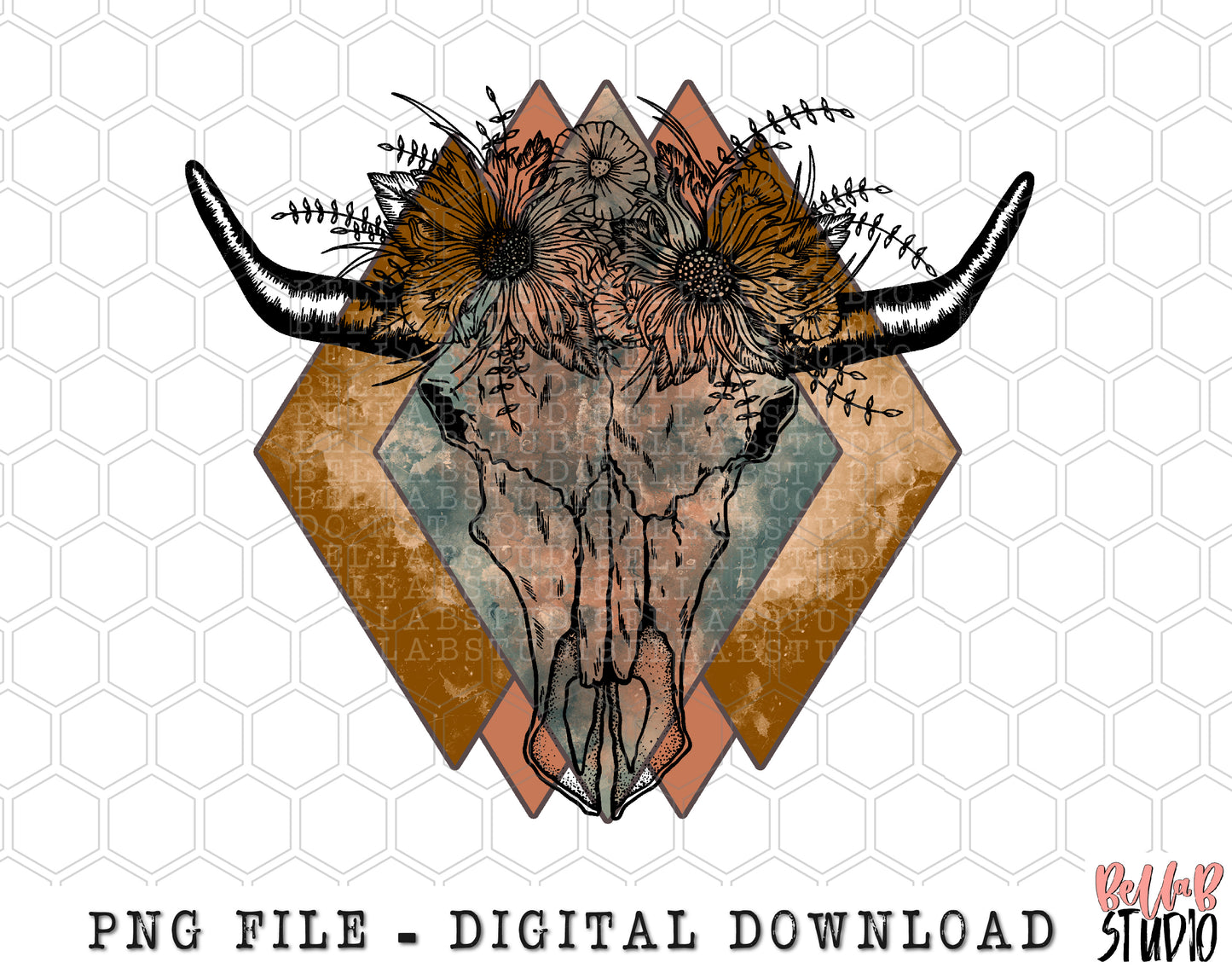 Western Diamonds- Floral Longhorn Skull Sublimation Design