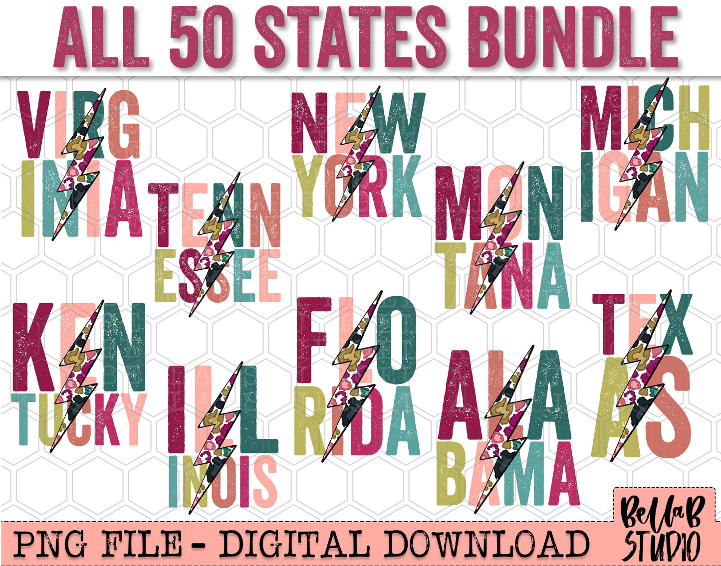 ALL 50 STATES BUNDLE - Bright Leopard Bolt Sublimation Design