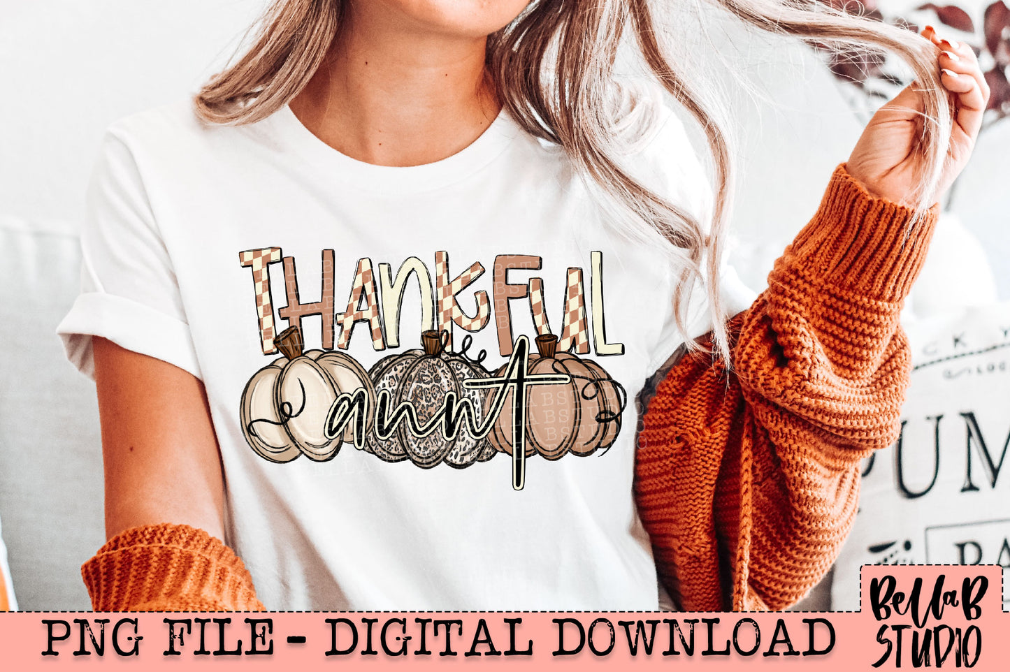 Thankful Aunt Checkered Neutral Pumpkins PNG Design