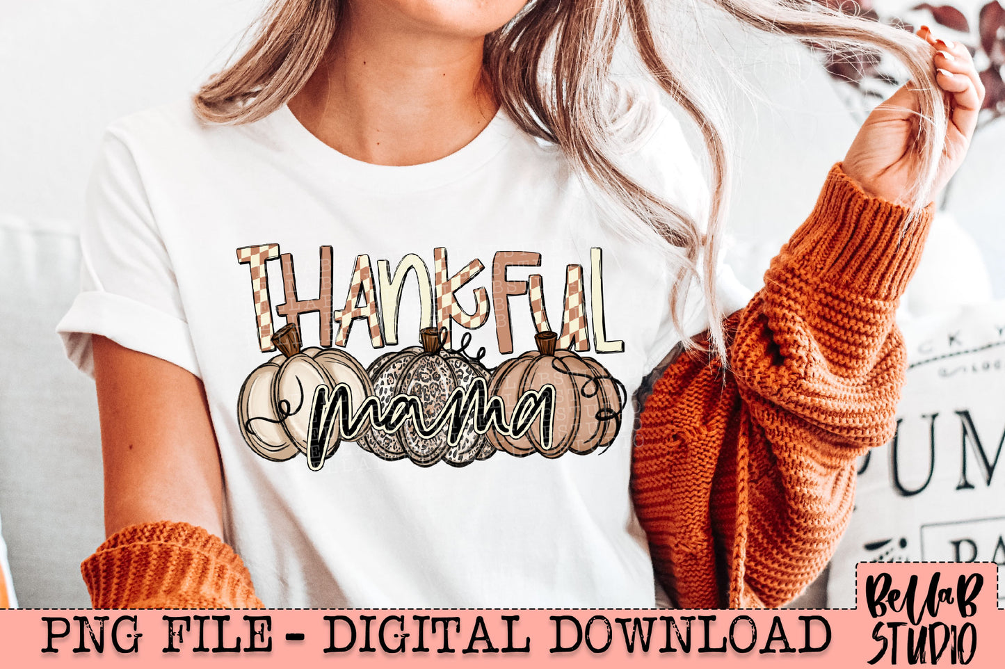Thankful Mama Checkered Neutral Pumpkins PNG Design