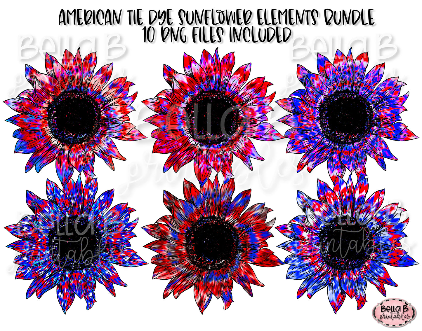 Patriotic, Tie Dye American Sunflower Sublimation Elements Bundle