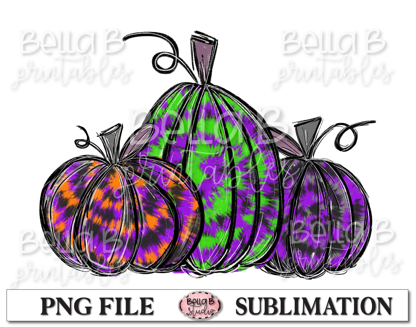 Tie Dye Halloween Pumpkins Sublimation Design, Hand Drawn