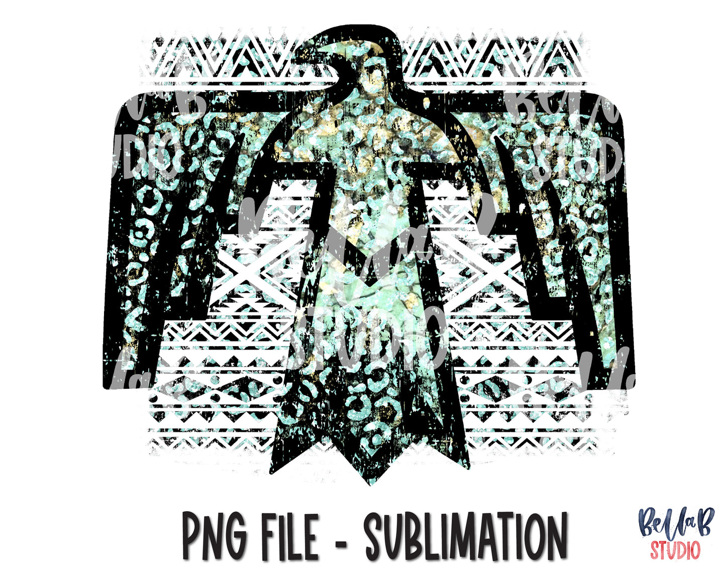 Turquoise Leopard Tribal Thunderbird Sublimation Design