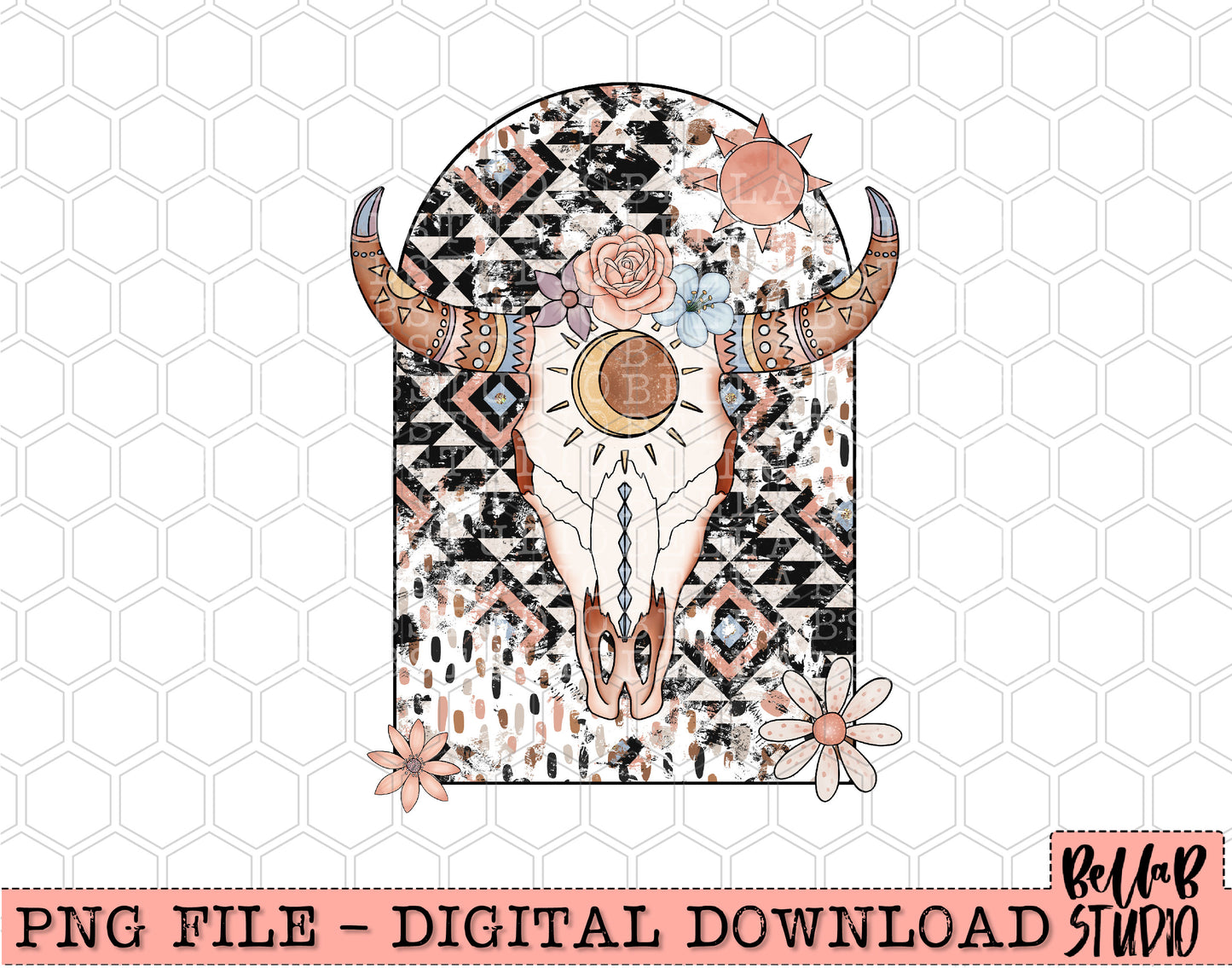 Western Floral Longhorn Skull PNG Sublimation Design