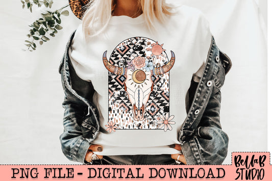 Western Floral Longhorn Skull PNG Sublimation Design