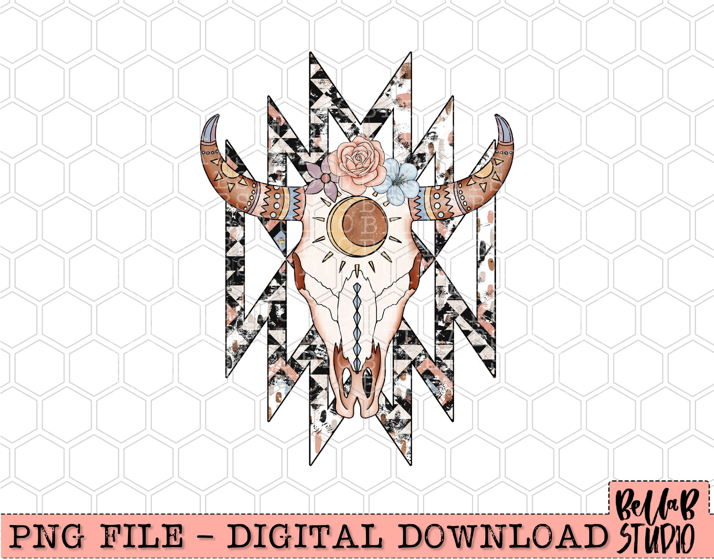 Western Aztec Floral Skull PNG Sublimation Design