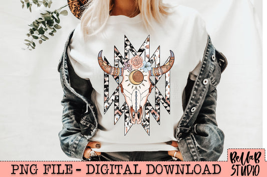 Western Aztec Floral Skull PNG Sublimation Design