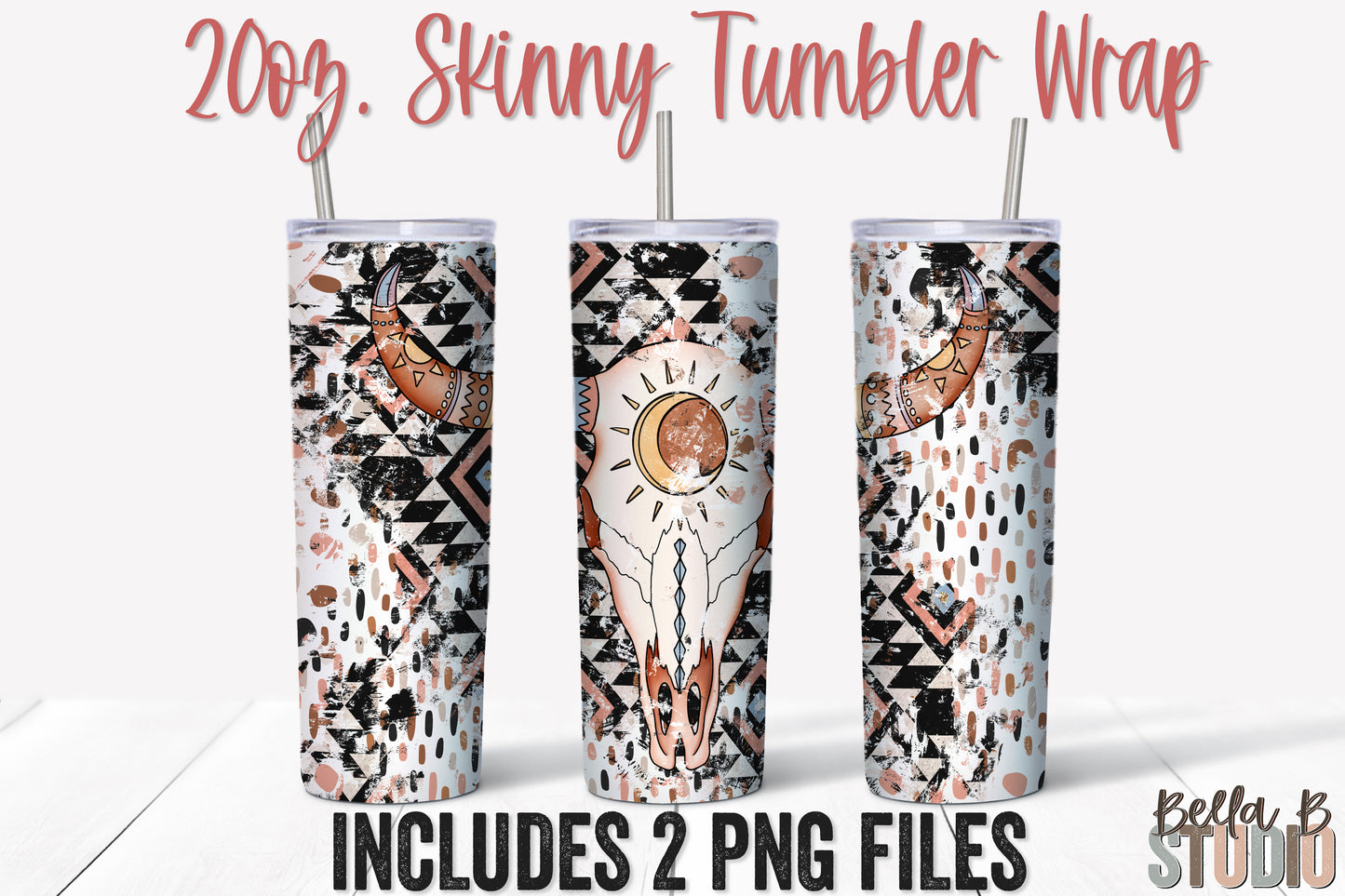 Western Aztec Longhorn Skull 20 oz Skinny Tumbler Design