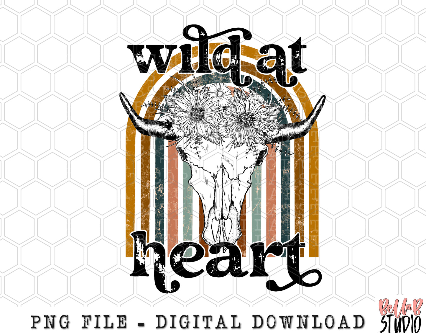 Wild At Heart Retro Rainbow Floral Longhorn Skull Sublimation Design