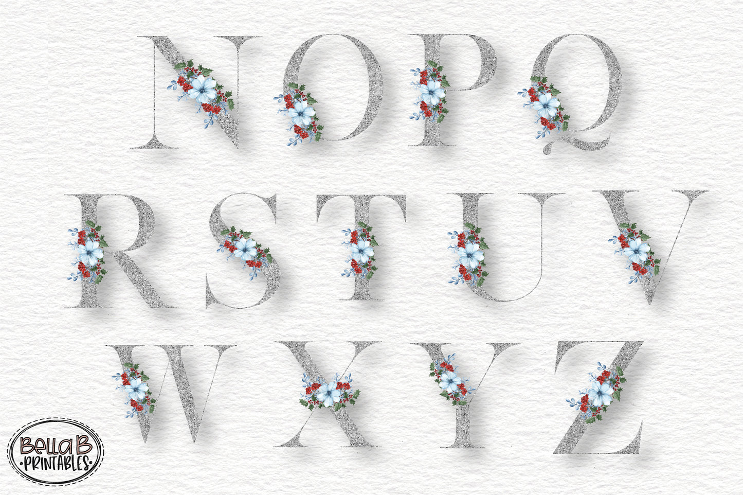 Silver Glitter Floral Alphabet Set, Alphabet Clipart