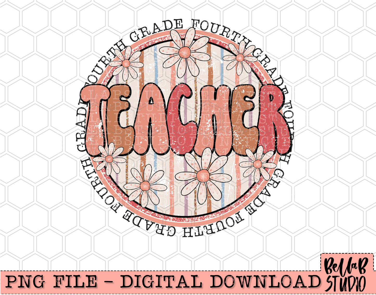 Boho Retro Daisies- Fourth Grade Teacher PNG Design