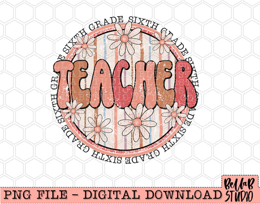 Boho Retro Daisies- Sixth Grade Teacher PNG Design