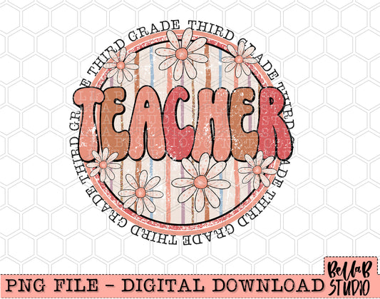 Boho Retro Daisies- Third Grade Teacher PNG Design