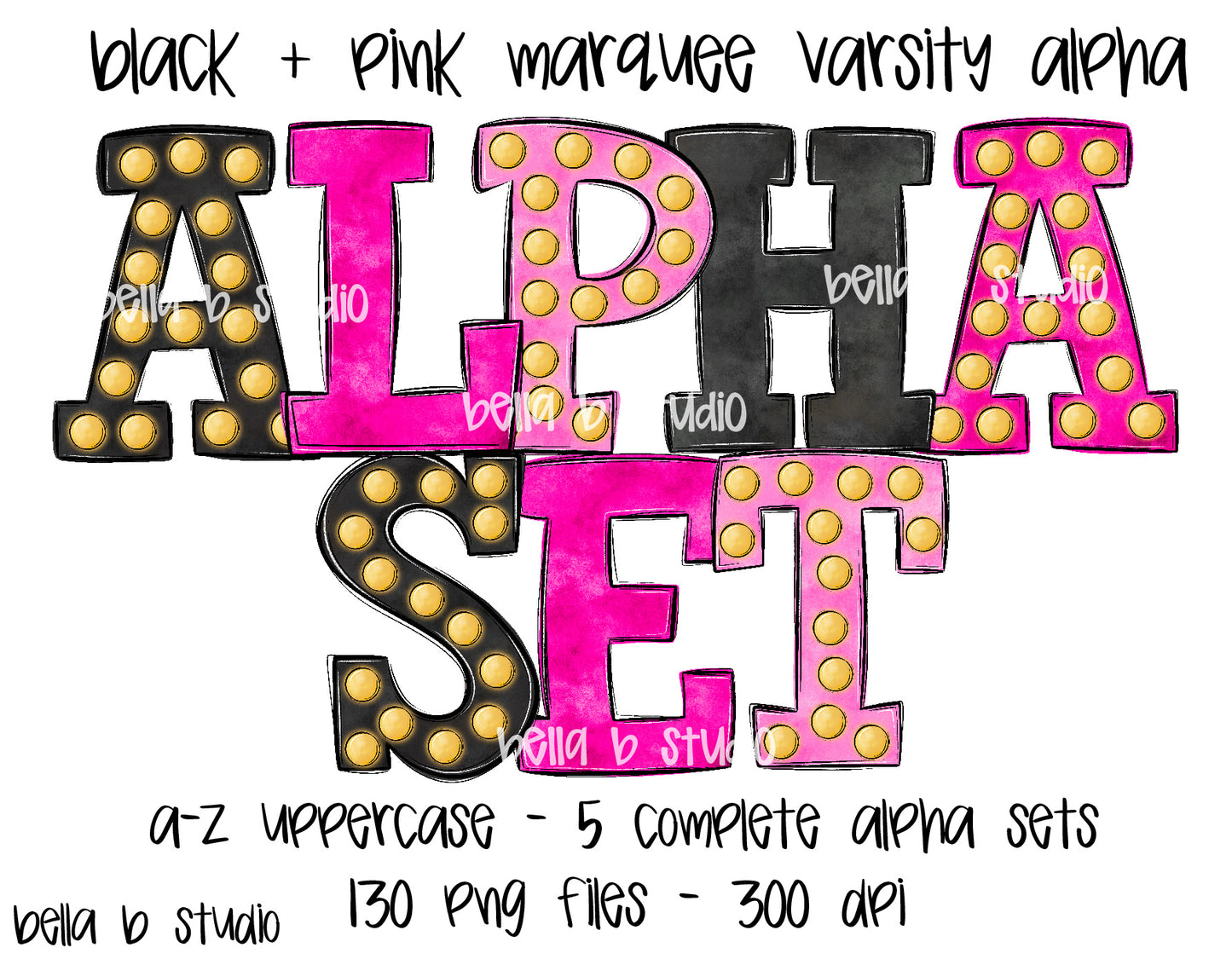 Black And Pink Marquee Varsity Alpha Bundle - Set of 5 Alphabets