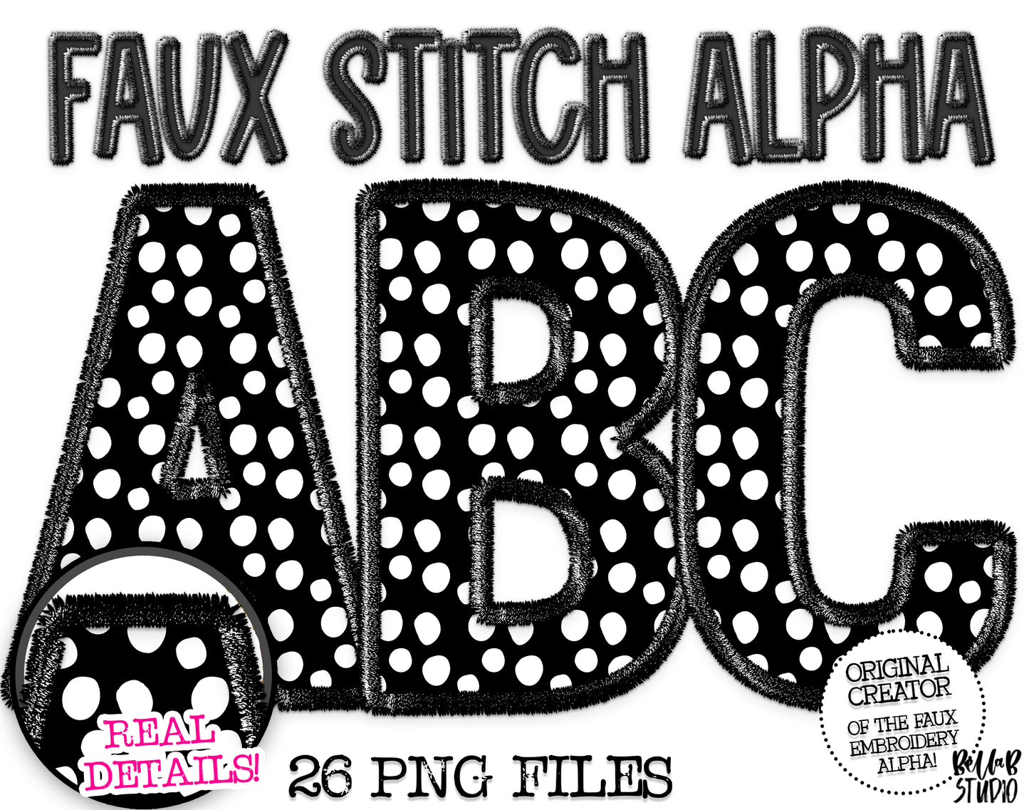 Faux Stitch Alphabet Set - Polka Dot Black
