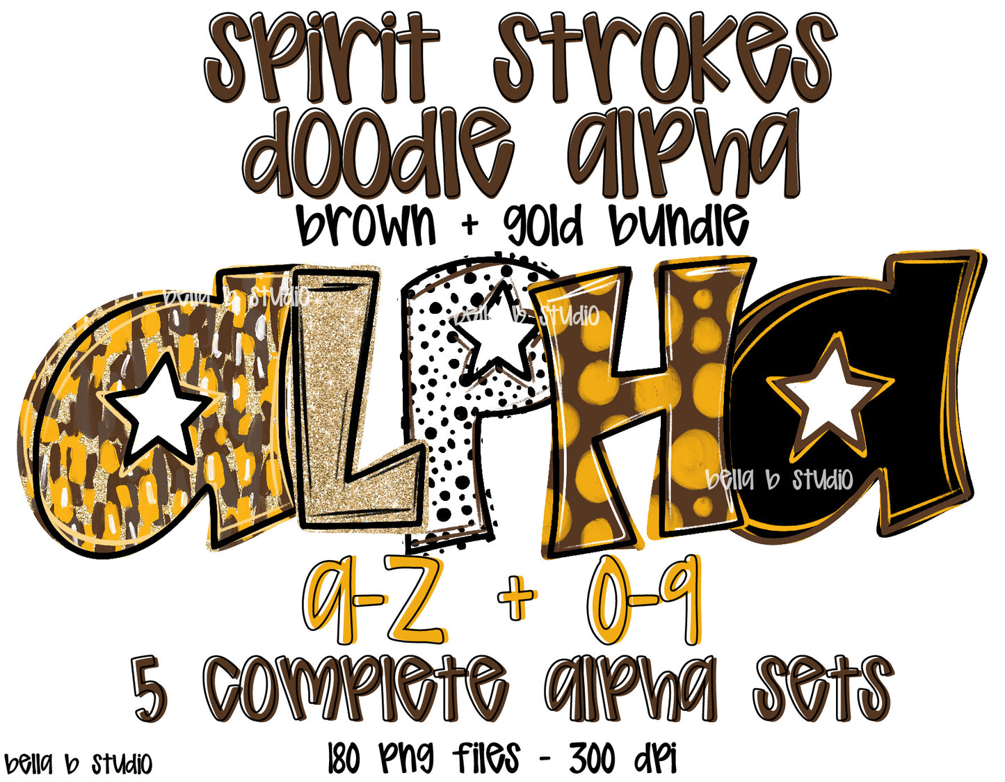 Brown Gold Spirit Strokes Doodle Alpha Bundle - Set of 5 Alphabets