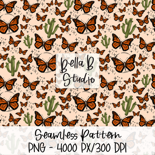 Butterflies and Cactus Seamless Digital Paper - PNG File