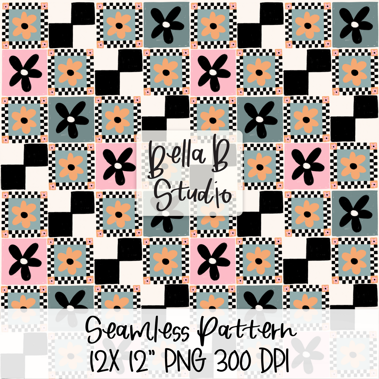 Retro Checker Flower Seamless Digital Paper - PNG File