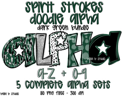 Forest Green Spirit Strokes Doodle Alpha Bundle - Set of 5 Alphabets