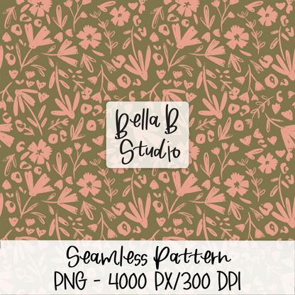 Green Pink Floral Seamless Digital Paper - PNG File