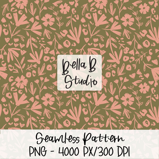 Green Pink Floral Seamless Digital Paper - PNG File