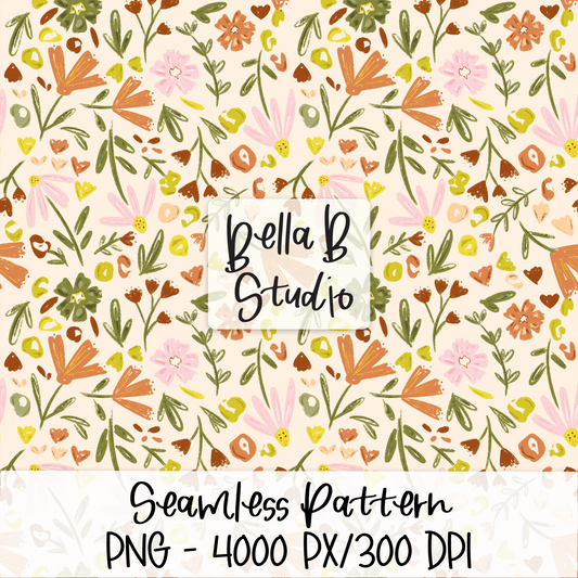 Orange Pink Floral Seamless Digital Paper - PNG File