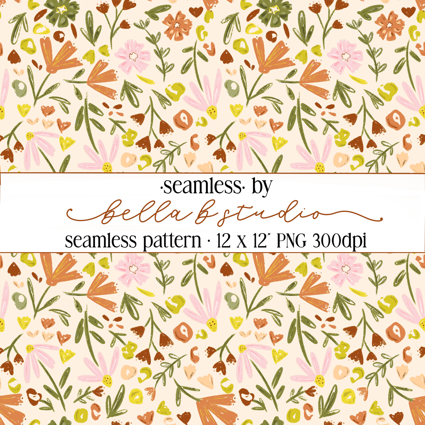 Orange Pink Floral Seamless Digital Paper - PNG File