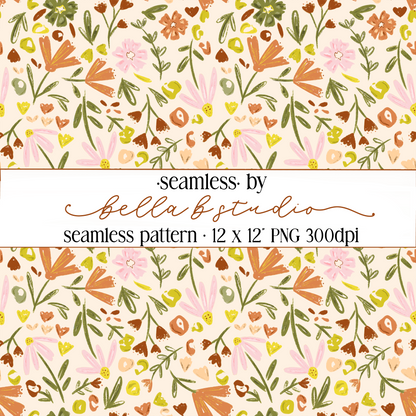 Orange Pink Floral Seamless Digital Paper - PNG File