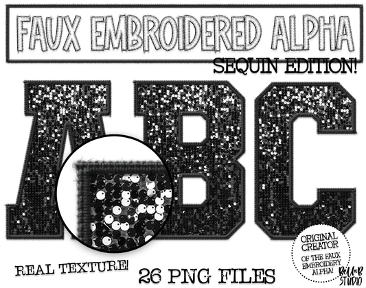 Faux Embroidered SEQUIN Alphabet Set - BLACK/Black