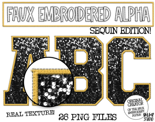 Faux Embroidered SEQUIN Alphabet Set - BLACK/GOLD