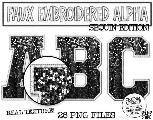 Faux Embroidered SEQUIN Alphabet Set - BLACK/White Stitching