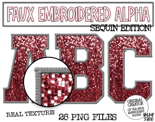 Faux Embroidered SEQUIN Alphabet Set - Crimson/Grey