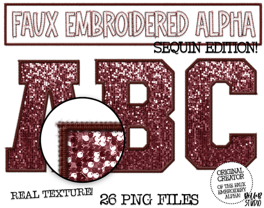 Faux Embroidered SEQUIN Alphabet Set - Deep Maroon